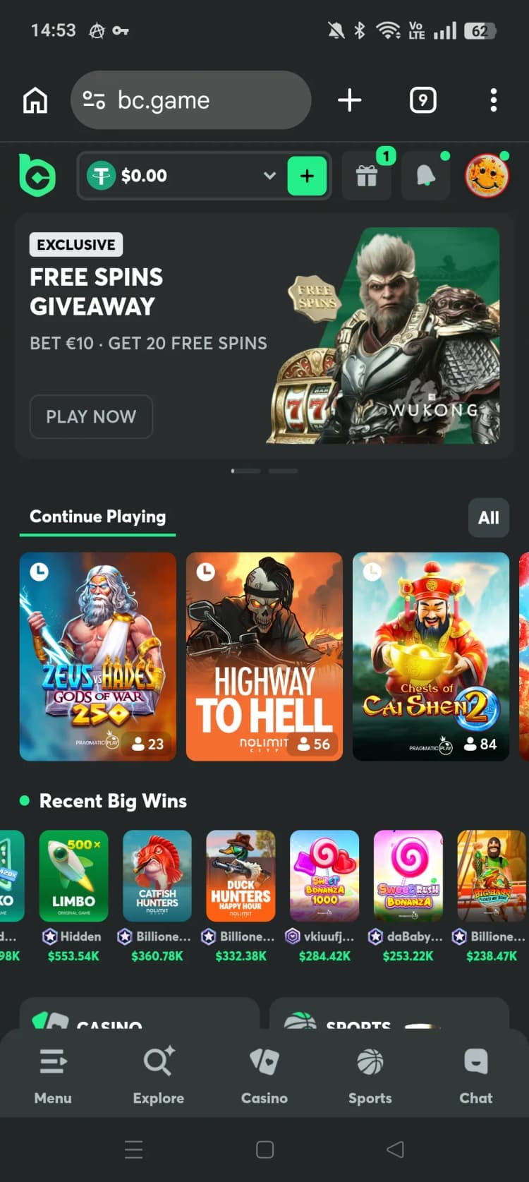 BC.Game mobile screenshot